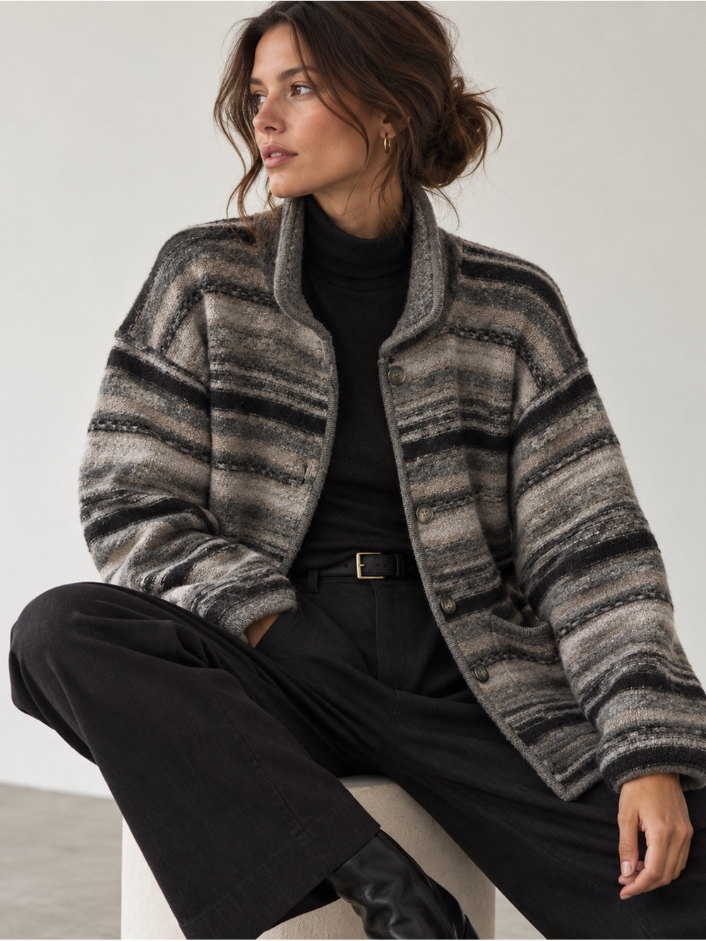 Vintage Cotton Ginny 100% Wool Striped Cardigan Jacket L